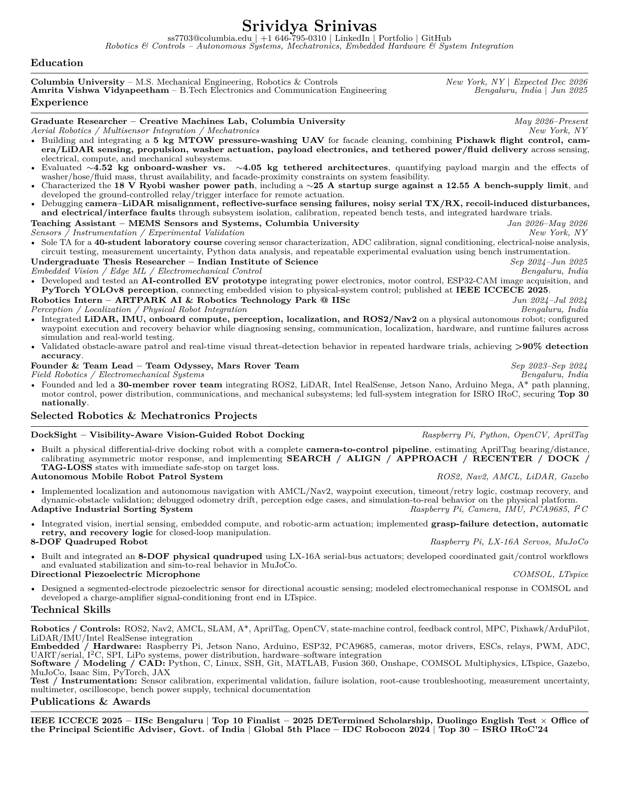 Visual preview of Srividya Srinivas’s one-page resume. Open or download the original PDF using the links above.